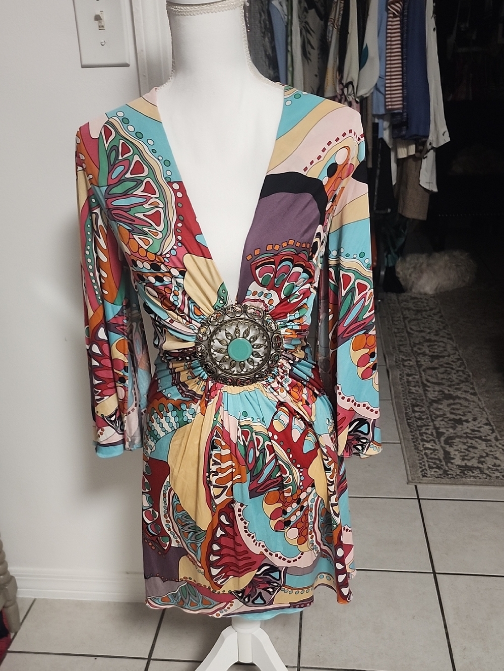 Sky Multicolor Deep V Mini Dress with Statement Medallion
